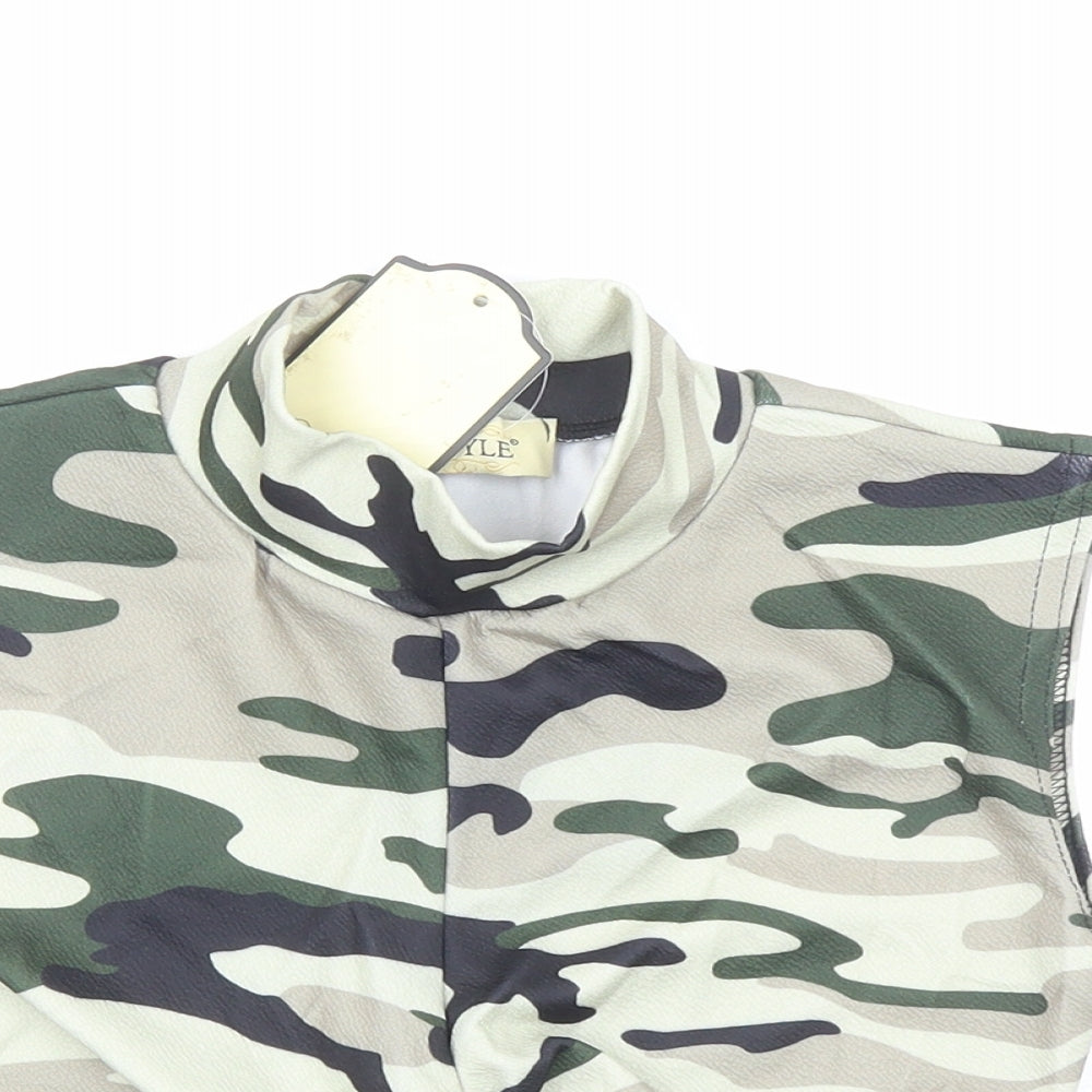 Instyle Womens Green Camouflage Polyester Cropped Blouse Size 8 Mock Neck