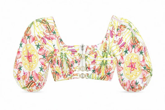 Front view of Missguided women’s multicoloured geometric polyester cropped blouse, size UK 8, round neck - seashells