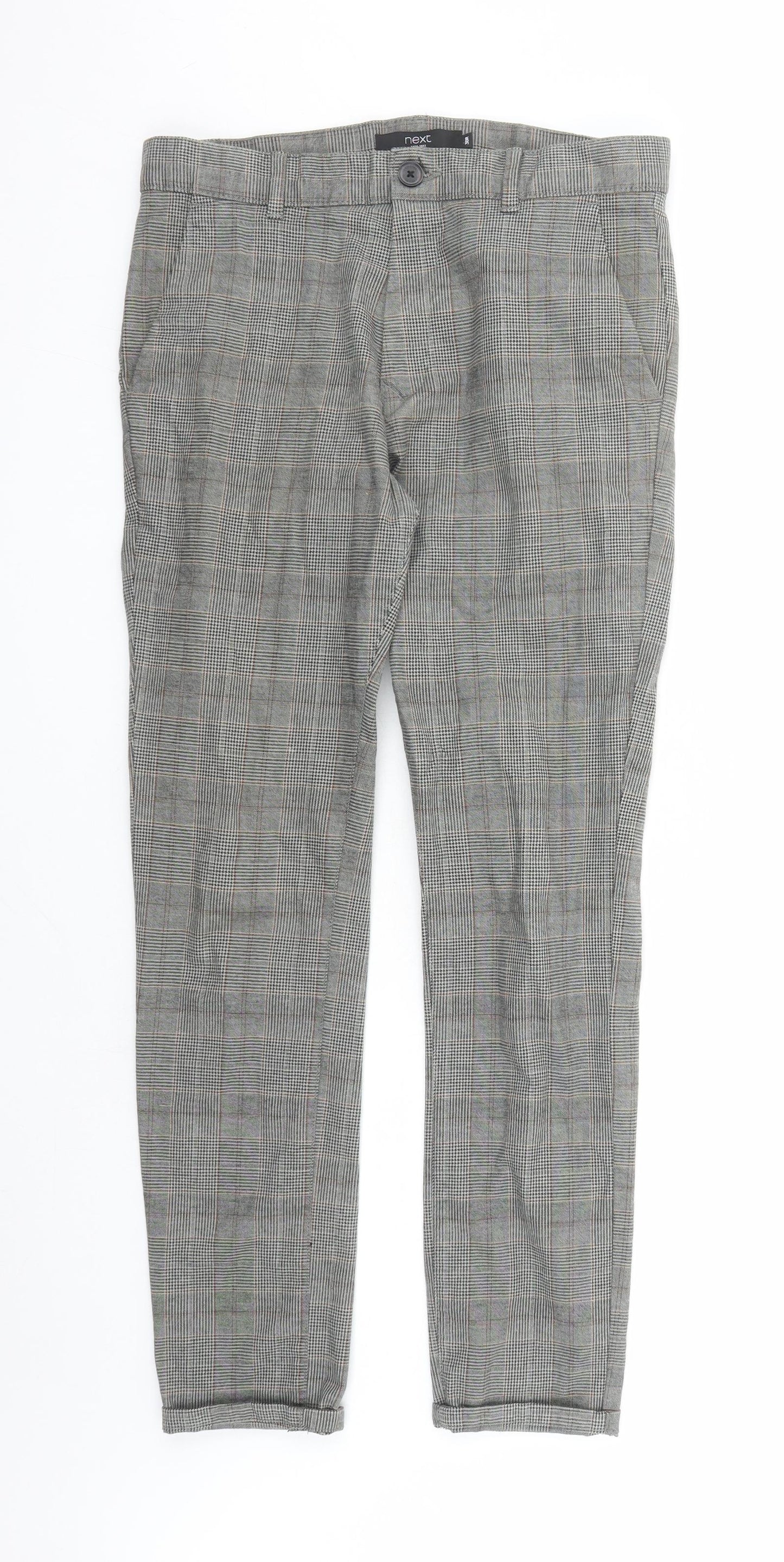 NEXT Mens Grey Plaid Cotton Chino Trousers Size 30 in L29 in Regular Zip