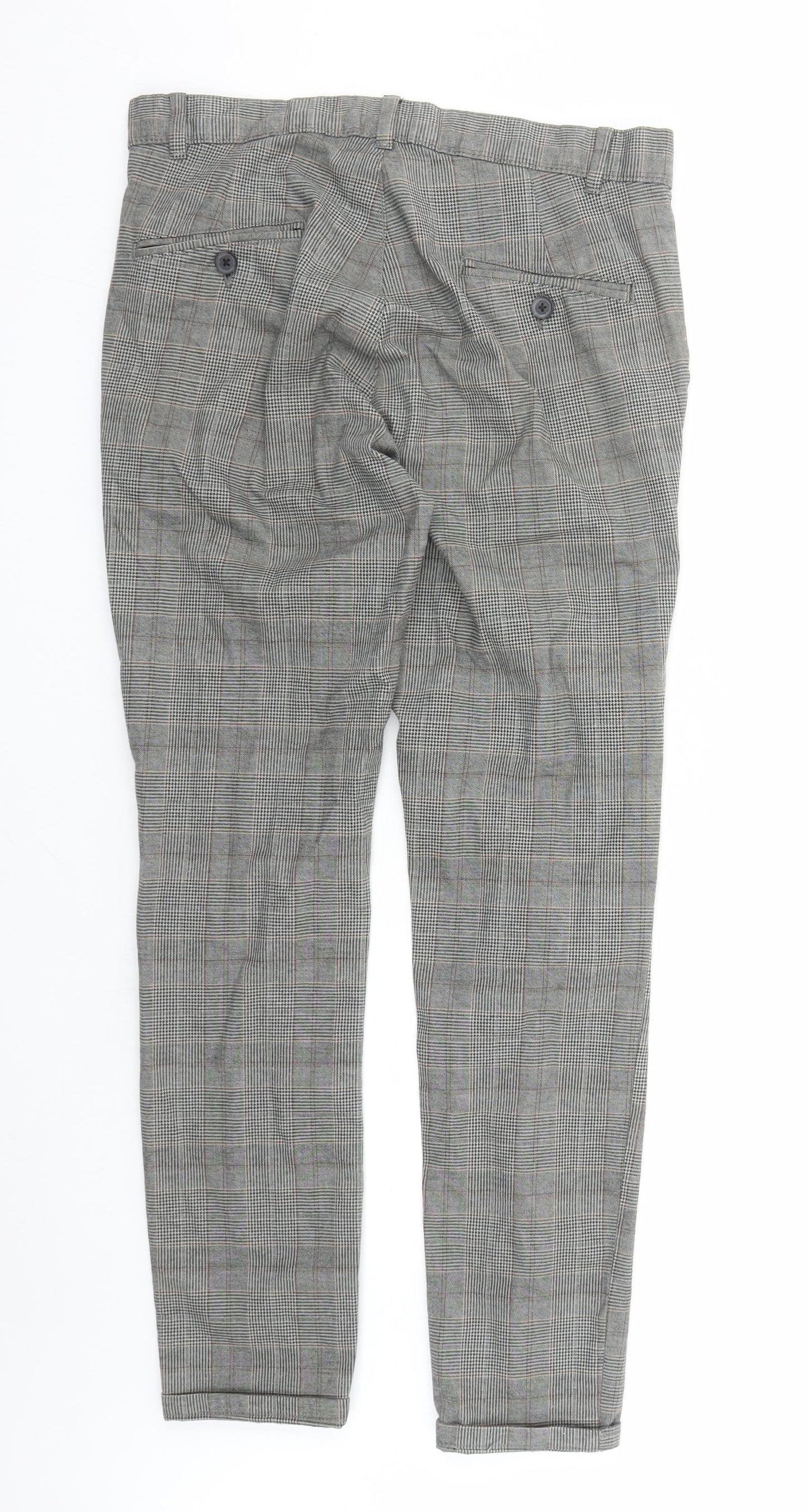 NEXT Mens Grey Plaid Cotton Chino Trousers Size 30 in L29 in Regular Zip