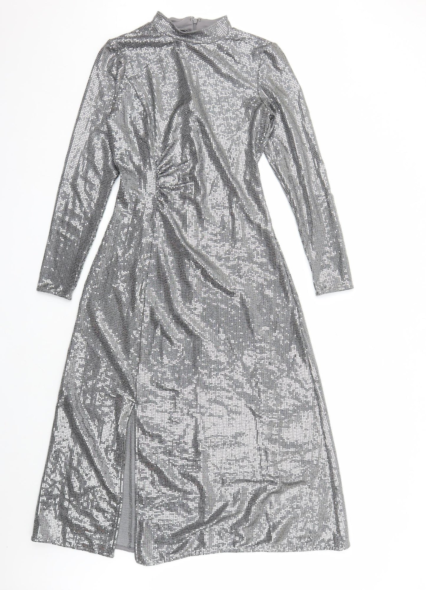 Marks and Spencer Womens Silver Polyamide A-Line Size 6 Mock Neck Zip - Side Split Detail