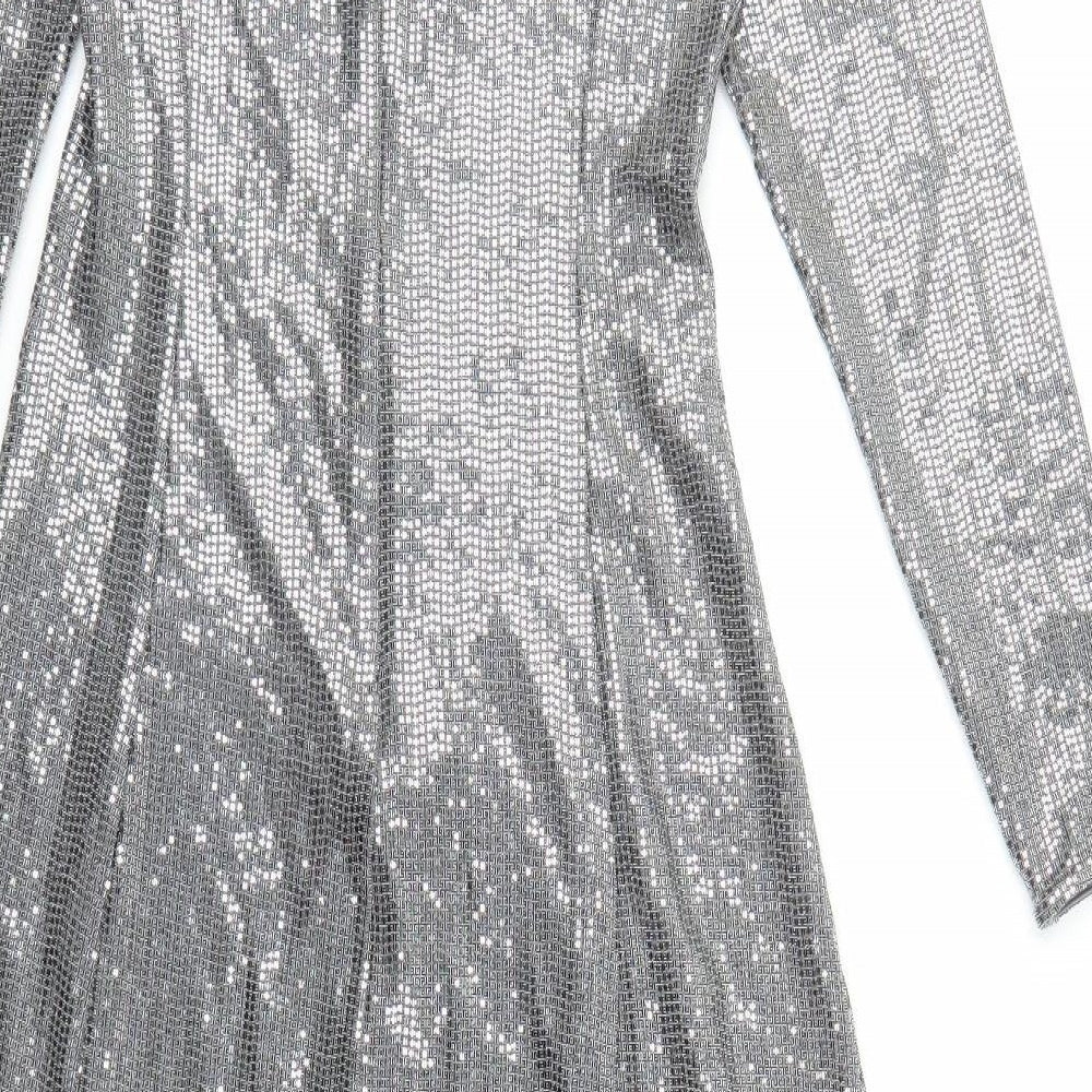 Marks and Spencer Womens Silver Polyamide A-Line Size 6 Mock Neck Zip - Side Split Detail