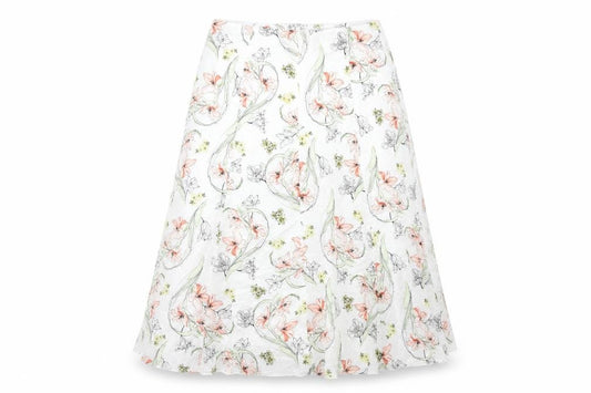 Front view of Classics women’s white floral polyester swing skirt, size UK 32, in zip