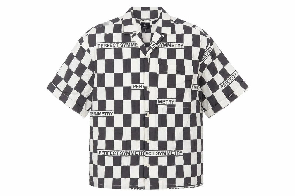 Front view of H&M men’s brown check cotton button-up, size S, collared button - oversized