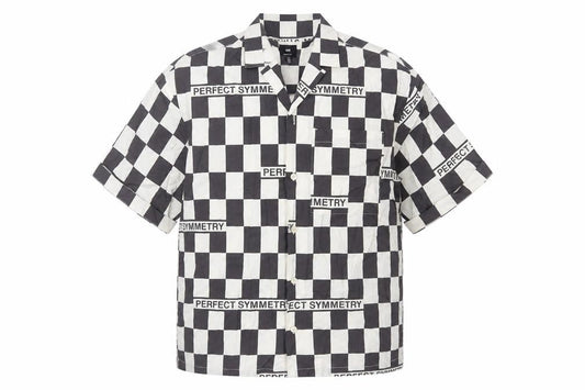 Front view of H&M men’s brown check cotton button-up, size S, collared button - oversized