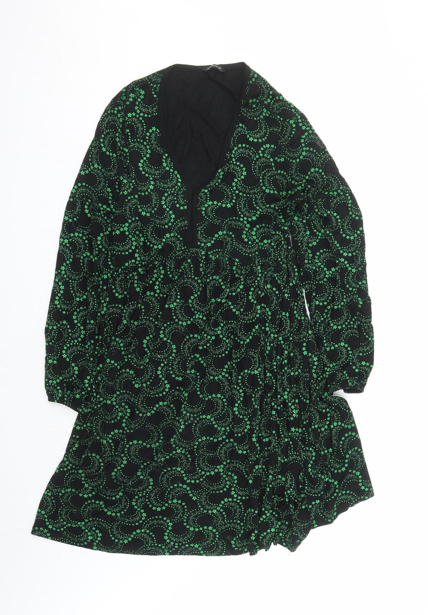 Roman Womens Black Floral Viscose Trapeze & Swing Size 12 V-Neck Pullover