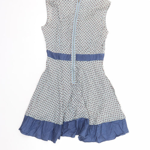 Louche Womens Blue Geometric Cotton Fit & Flare Size L Round Neck Zip