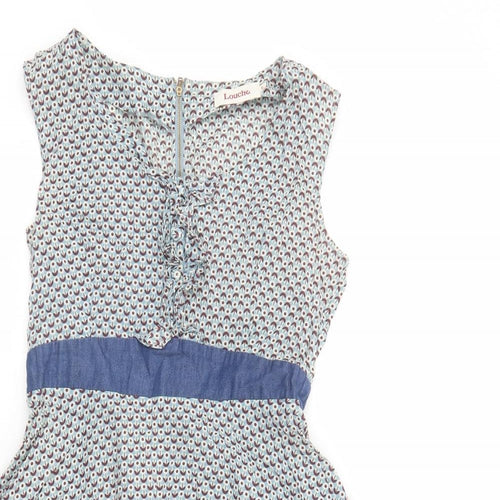 Louche Womens Blue Geometric Cotton Fit & Flare Size L Round Neck Zip