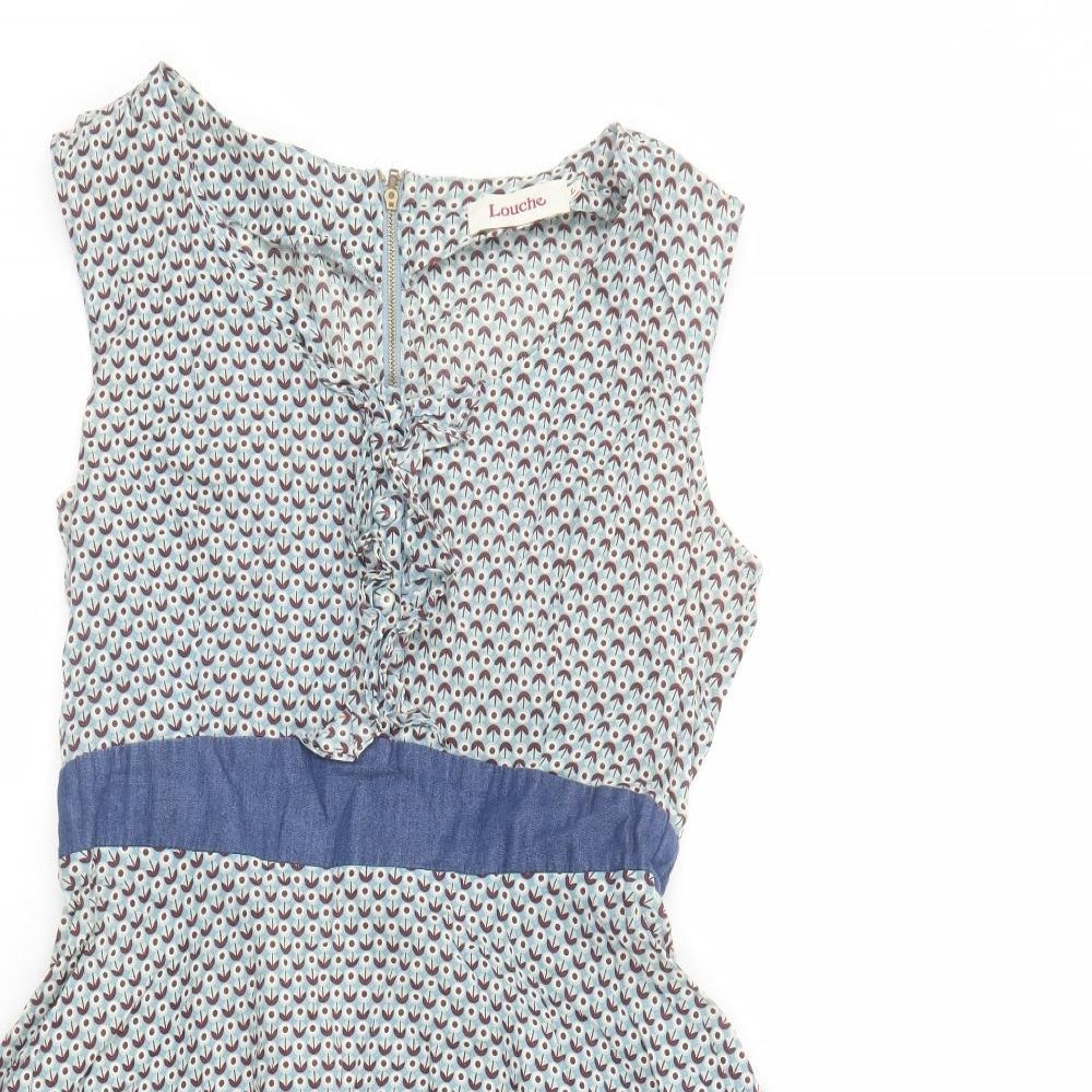 Louche Womens Blue Geometric Cotton Fit & Flare Size L Round Neck Zip