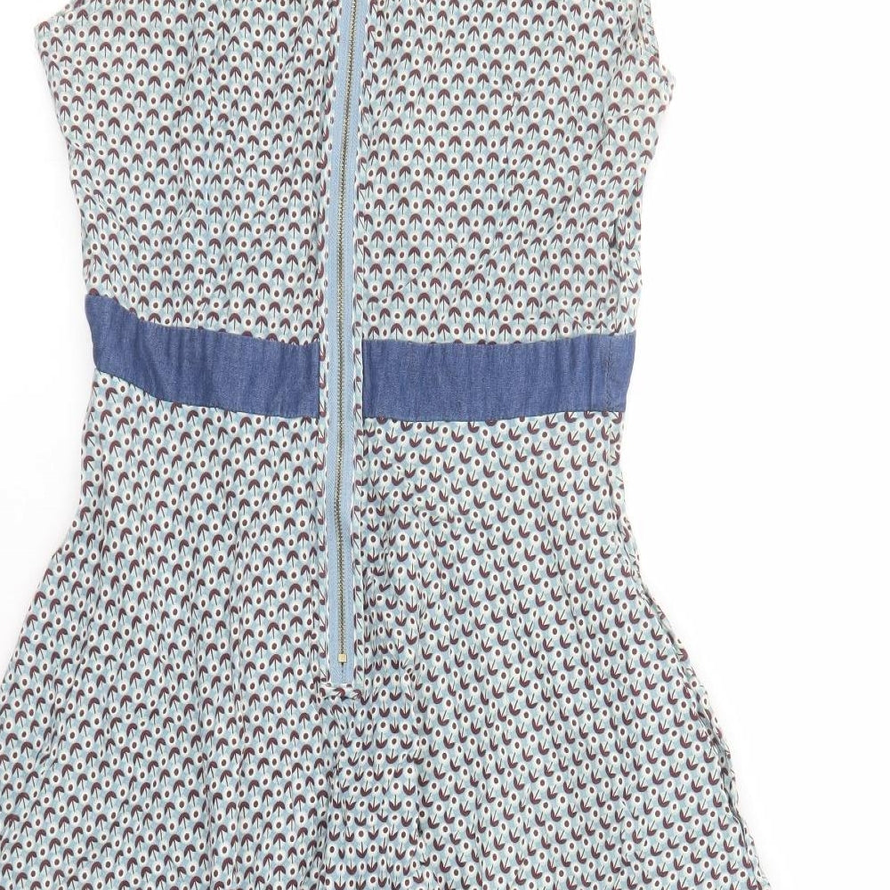Louche Womens Blue Geometric Cotton Fit & Flare Size L Round Neck Zip