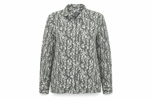 Front view of Marks & Spencer women’s green geometric viscose basic button-up, size UK 12, collared