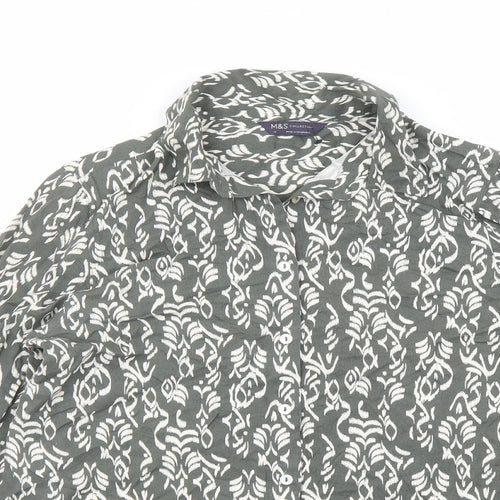 Marks and Spencer Womens Green Geometric Viscose Basic Button-Up Size 12 Collared