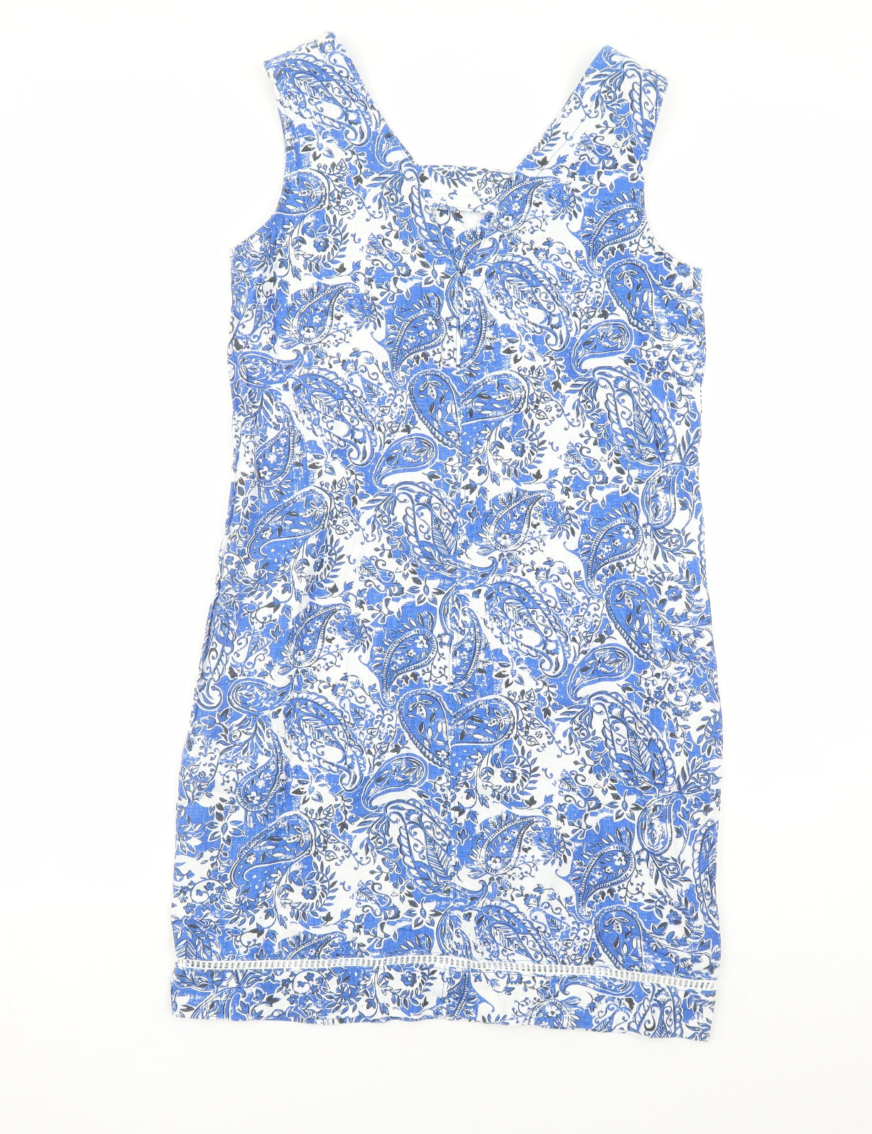 NEXT Womens Blue Paisley Linen A-Line Size 8 V-Neck Pullover