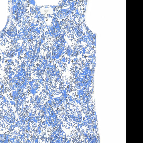 NEXT Womens Blue Paisley Linen A-Line Size 8 V-Neck Pullover