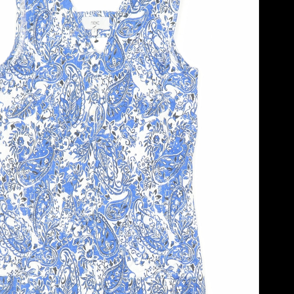 NEXT Womens Blue Paisley Linen A-Line Size 8 V-Neck Pullover