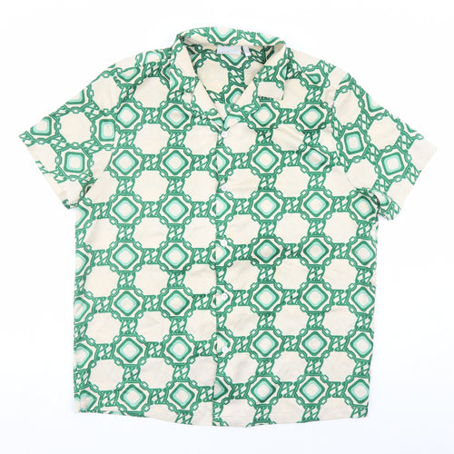 ASOS Mens Green Geometric Polyester Button-Up Size S Collared Button