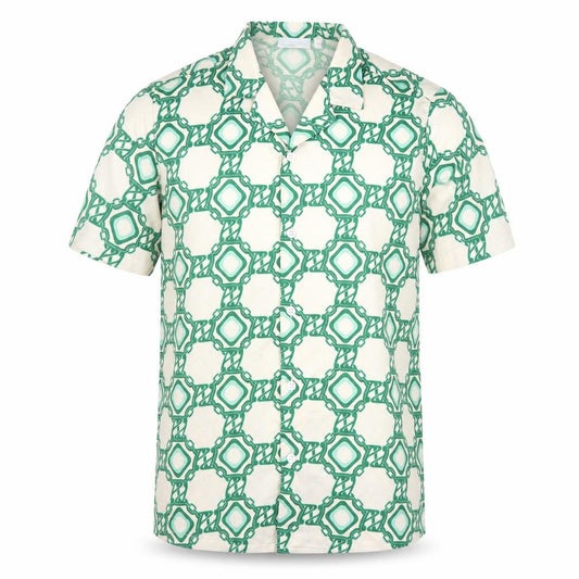 Front view of ASOS men’s green geometric polyester button-up, size S, collared button