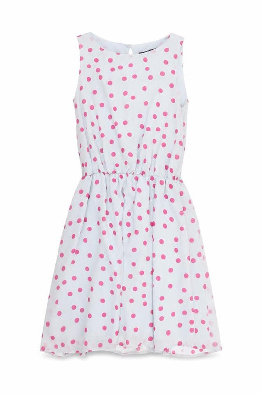 Front view of Closet women’s blue polka dot polyester fit & flare, size UK 8, boat neck button
