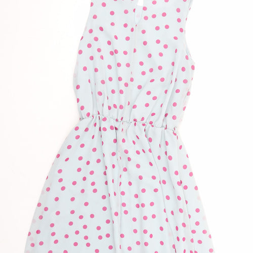 Closet Womens Blue Polka Dot Polyester Fit & Flare Size 8 Boat Neck Button