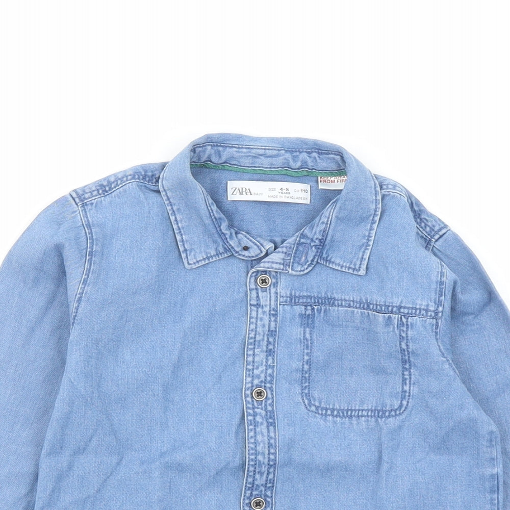 Zara Boys Blue Cotton Basic Button-Up Size 4-5 Years Collared Button
