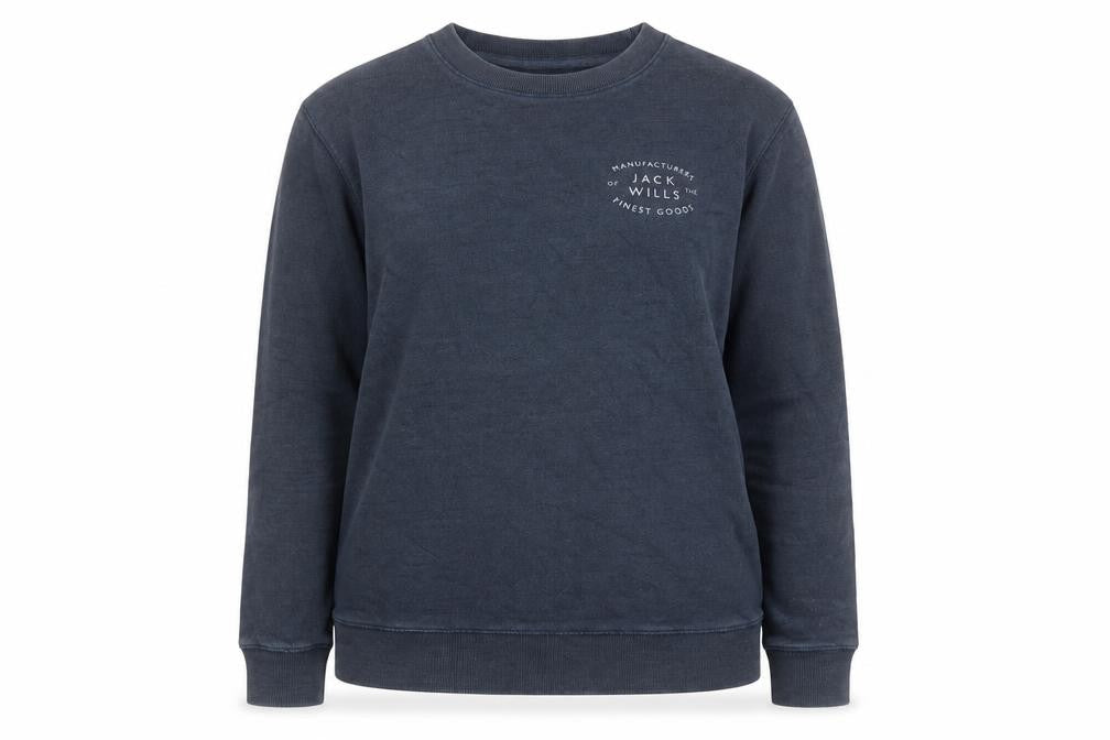 Front view of Jack Wills women’s blue cotton pullover sweatshirt, size UK 6, pullover