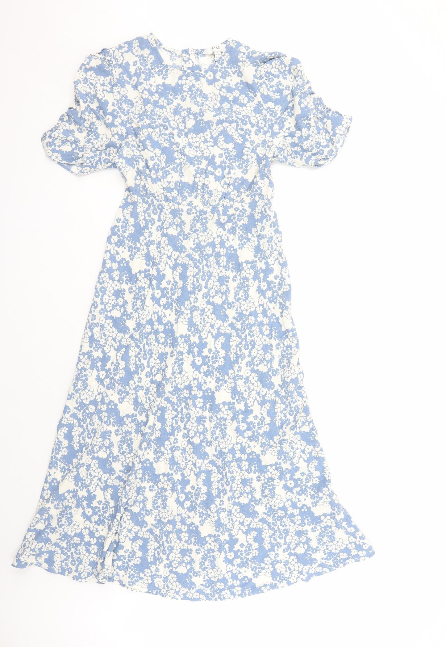 Marks and Spencer Womens Blue Floral Viscose A-Line Size 8 Round Neck Zip