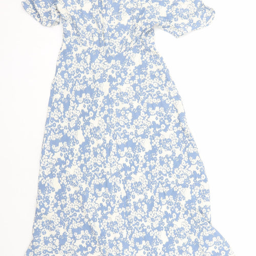 Marks and Spencer Womens Blue Floral Viscose A-Line Size 8 Round Neck Zip