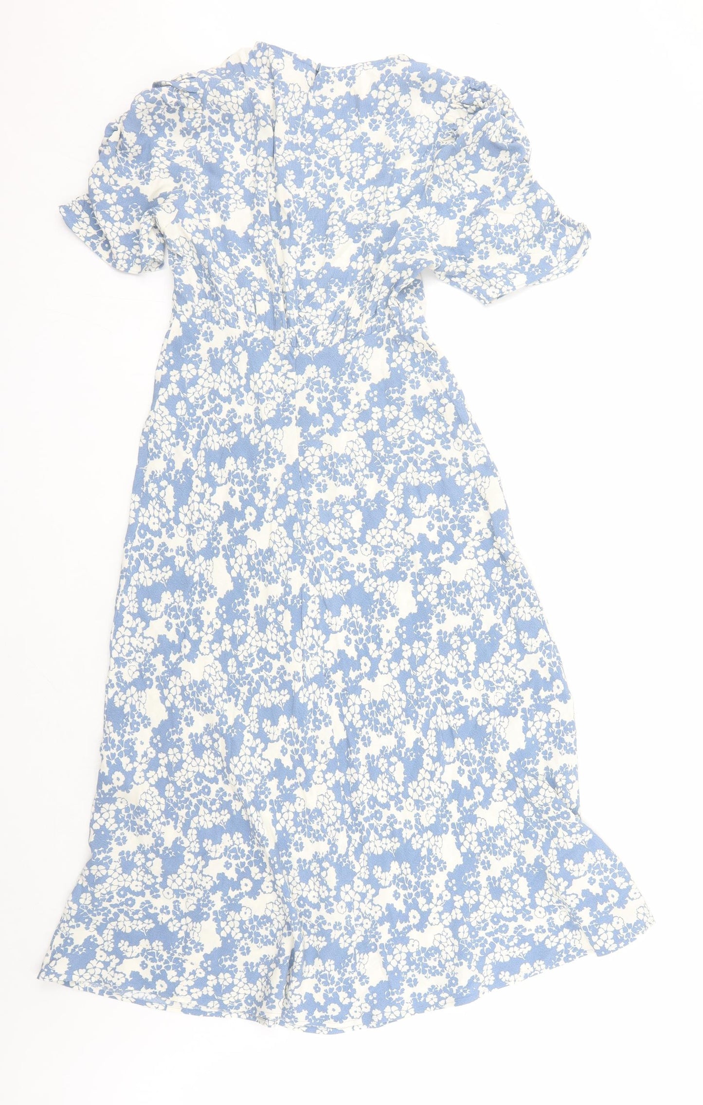 Marks and Spencer Womens Blue Floral Viscose A-Line Size 8 Round Neck Zip
