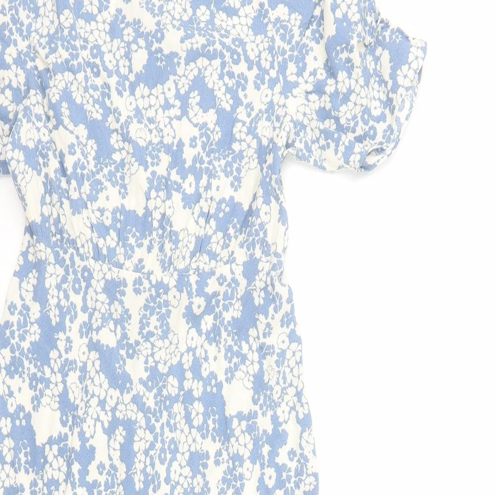 Marks and Spencer Womens Blue Floral Viscose A-Line Size 8 Round Neck Zip