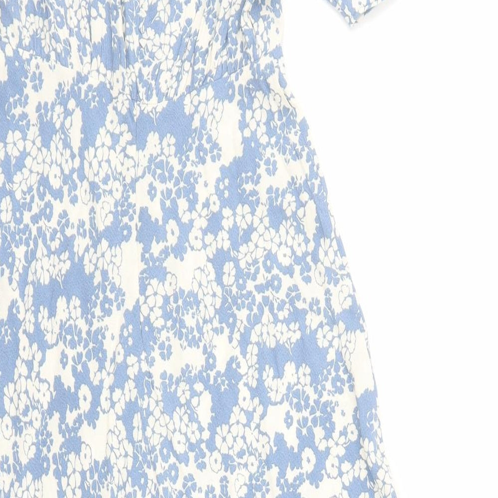 Marks and Spencer Womens Blue Floral Viscose A-Line Size 8 Round Neck Zip