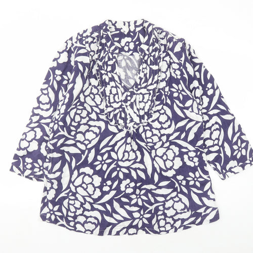 Marks and Spencer Womens Blue Floral Linen Basic Blouse Size 16 V-Neck