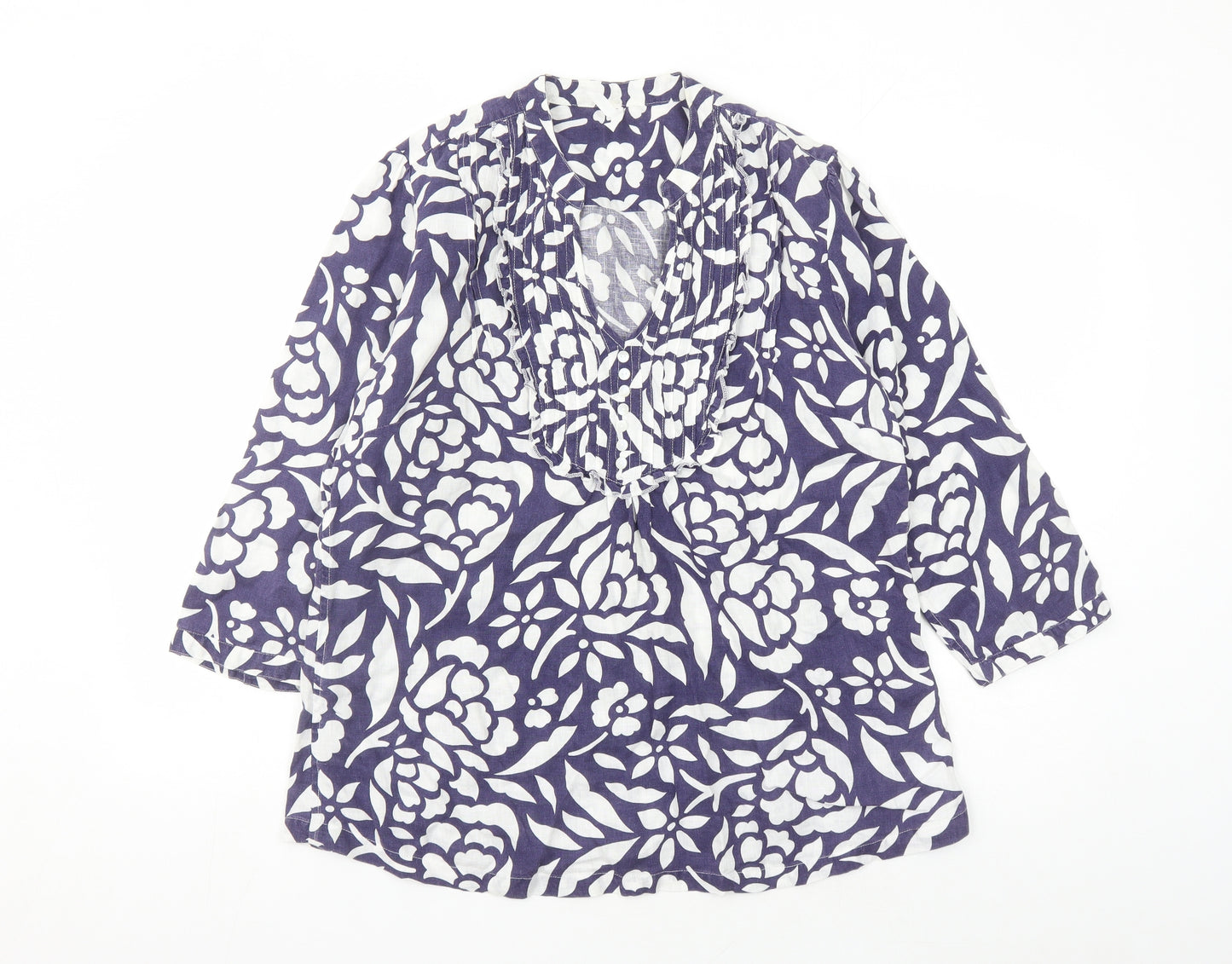 Marks and Spencer Womens Blue Floral Linen Basic Blouse Size 16 V-Neck