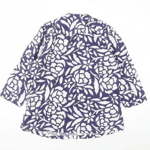 Marks and Spencer Womens Blue Floral Linen Basic Blouse Size 16 V-Neck