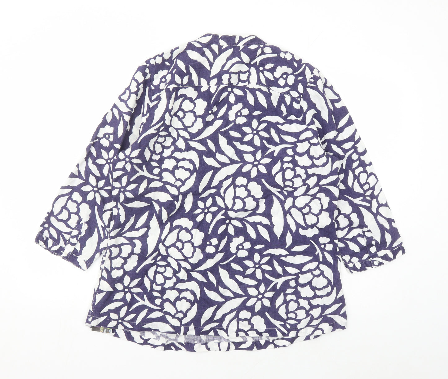 Marks and Spencer Womens Blue Floral Linen Basic Blouse Size 16 V-Neck
