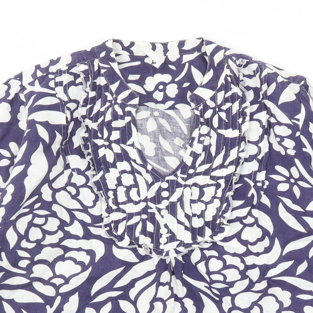 Marks and Spencer Womens Blue Floral Linen Basic Blouse Size 16 V-Neck