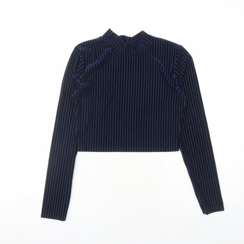 Glamorous Womens Blue Polyester Cropped Blouse Size 10 Mock Neck