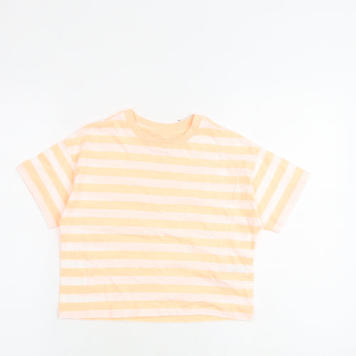 Marks and Spencer Girls Orange Striped Cotton Basic T-Shirt Size 7-8 Years Round Neck Pullover