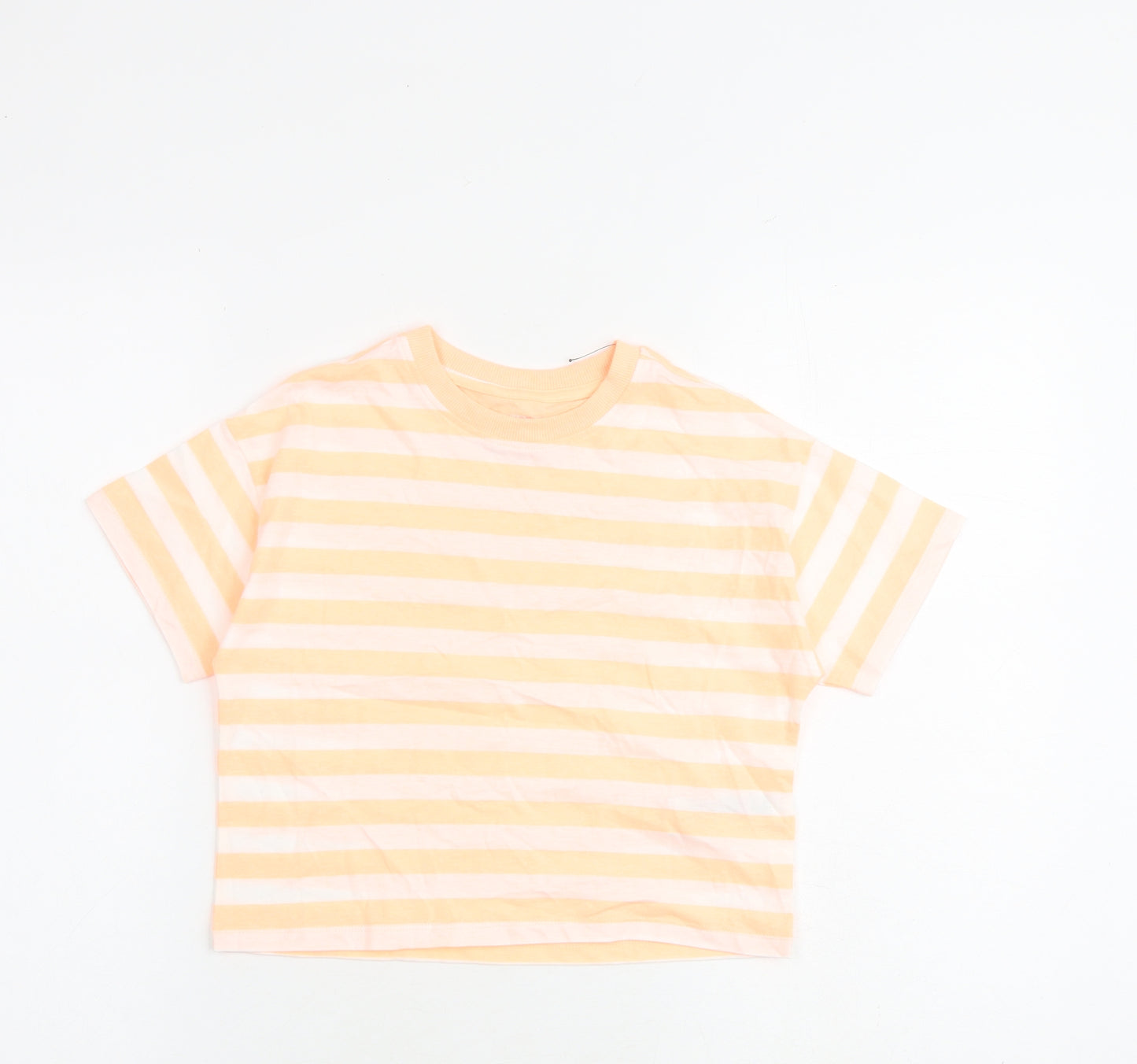 Marks and Spencer Girls Orange Striped Cotton Basic T-Shirt Size 7-8 Years Round Neck Pullover
