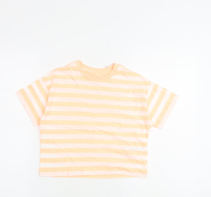 Marks and Spencer Girls Orange Striped Cotton Basic T-Shirt Size 7-8 Years Round Neck Pullover