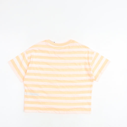 Marks and Spencer Girls Orange Striped Cotton Basic T-Shirt Size 7-8 Years Round Neck Pullover
