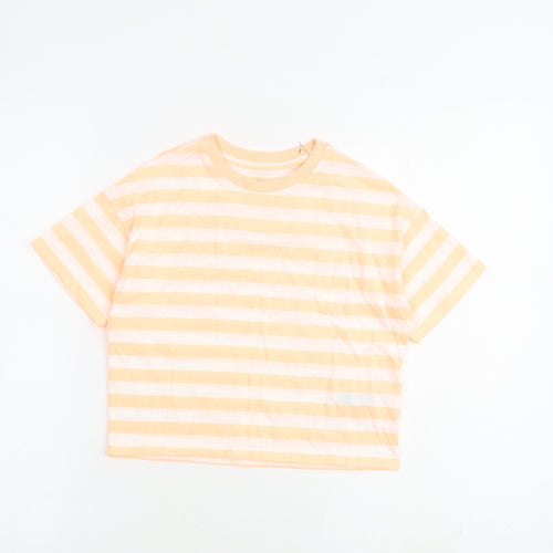 Marks and Spencer Girls Orange Striped Cotton Basic T-Shirt Size 7-8 Years Round Neck Pullover