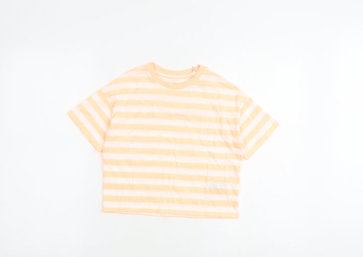 Marks and Spencer Girls Orange Striped Cotton Basic T-Shirt Size 7-8 Years Round Neck Pullover