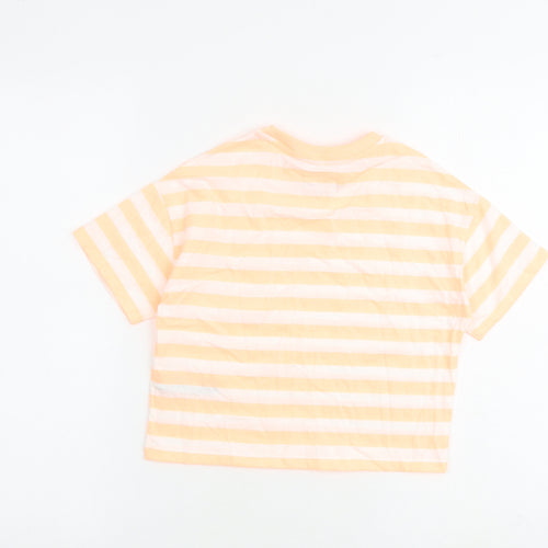 Marks and Spencer Girls Orange Striped Cotton Basic T-Shirt Size 7-8 Years Round Neck Pullover