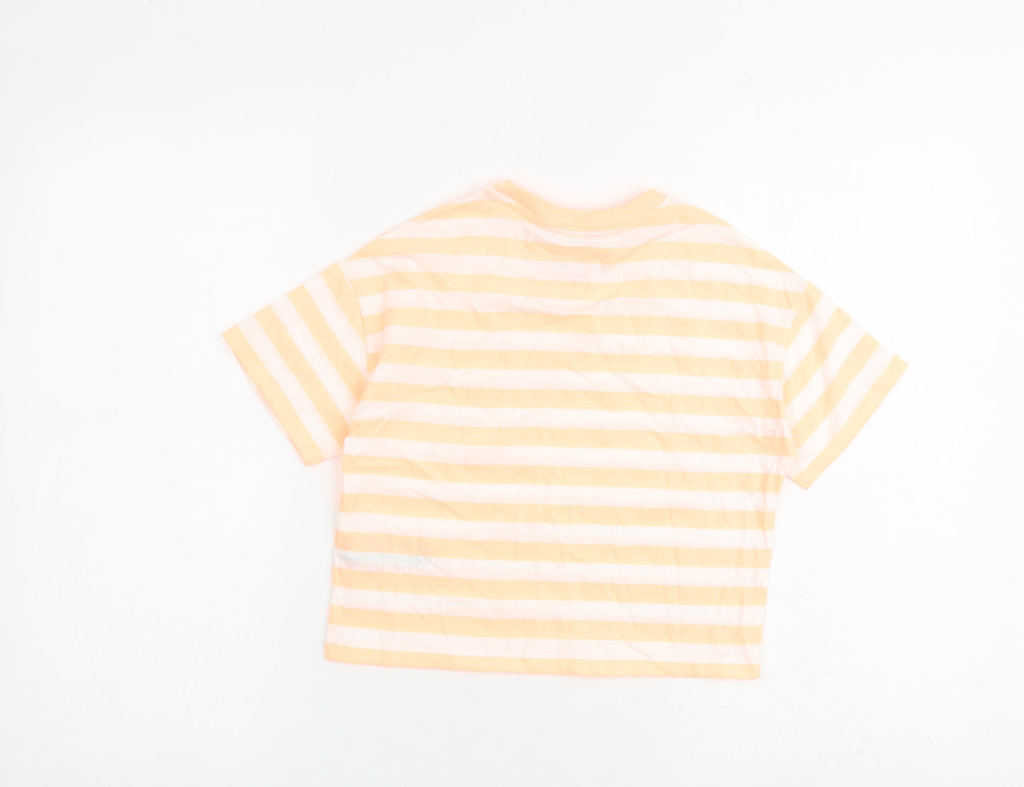 Marks and Spencer Girls Orange Striped Cotton Basic T-Shirt Size 7-8 Years Round Neck Pullover