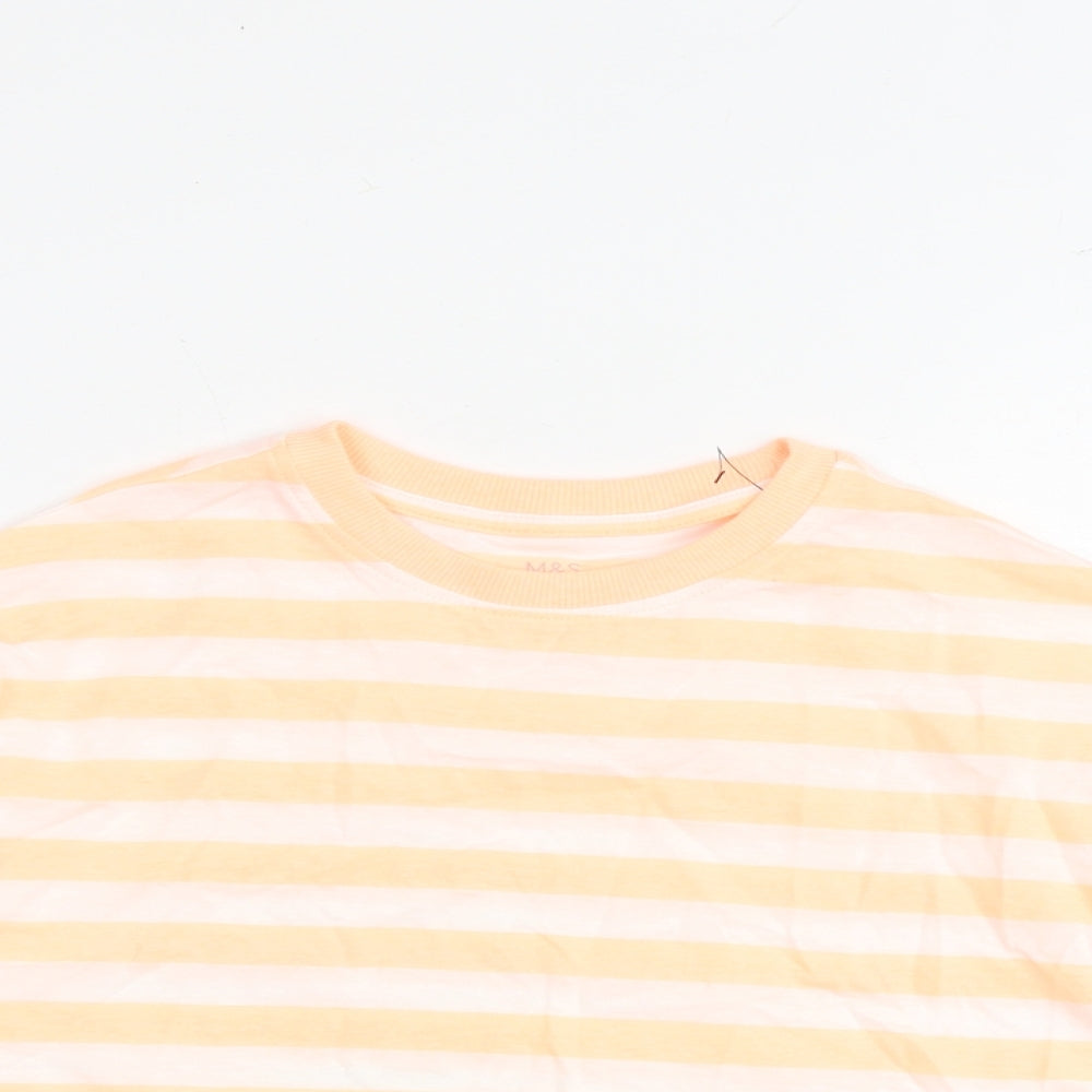 Marks and Spencer Girls Orange Striped Cotton Basic T-Shirt Size 7-8 Years Round Neck Pullover