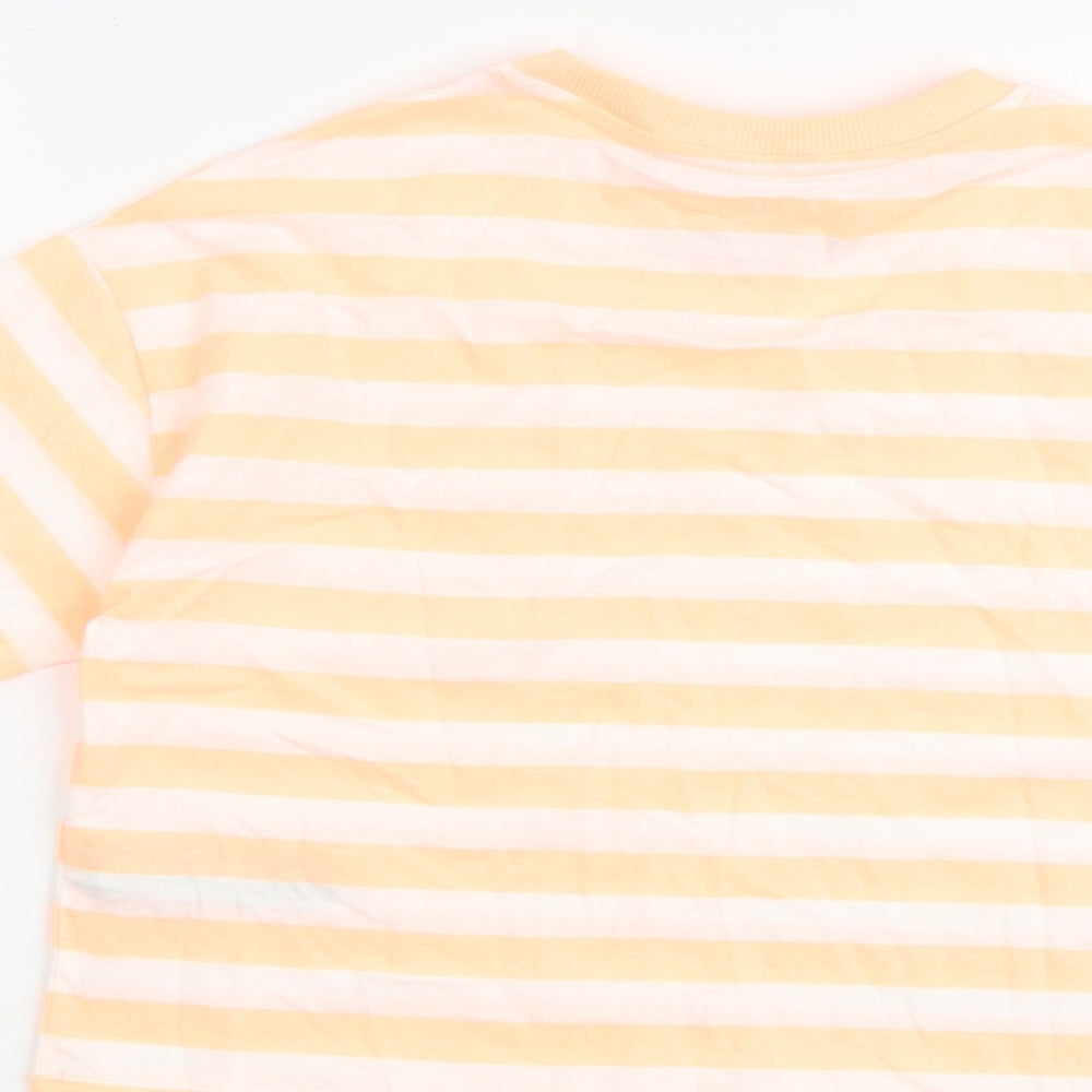 Marks and Spencer Girls Orange Striped Cotton Basic T-Shirt Size 7-8 Years Round Neck Pullover