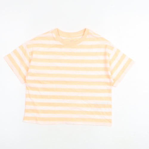 Marks and Spencer Girls Orange Striped Cotton Basic T-Shirt Size 7-8 Years Round Neck Pullover