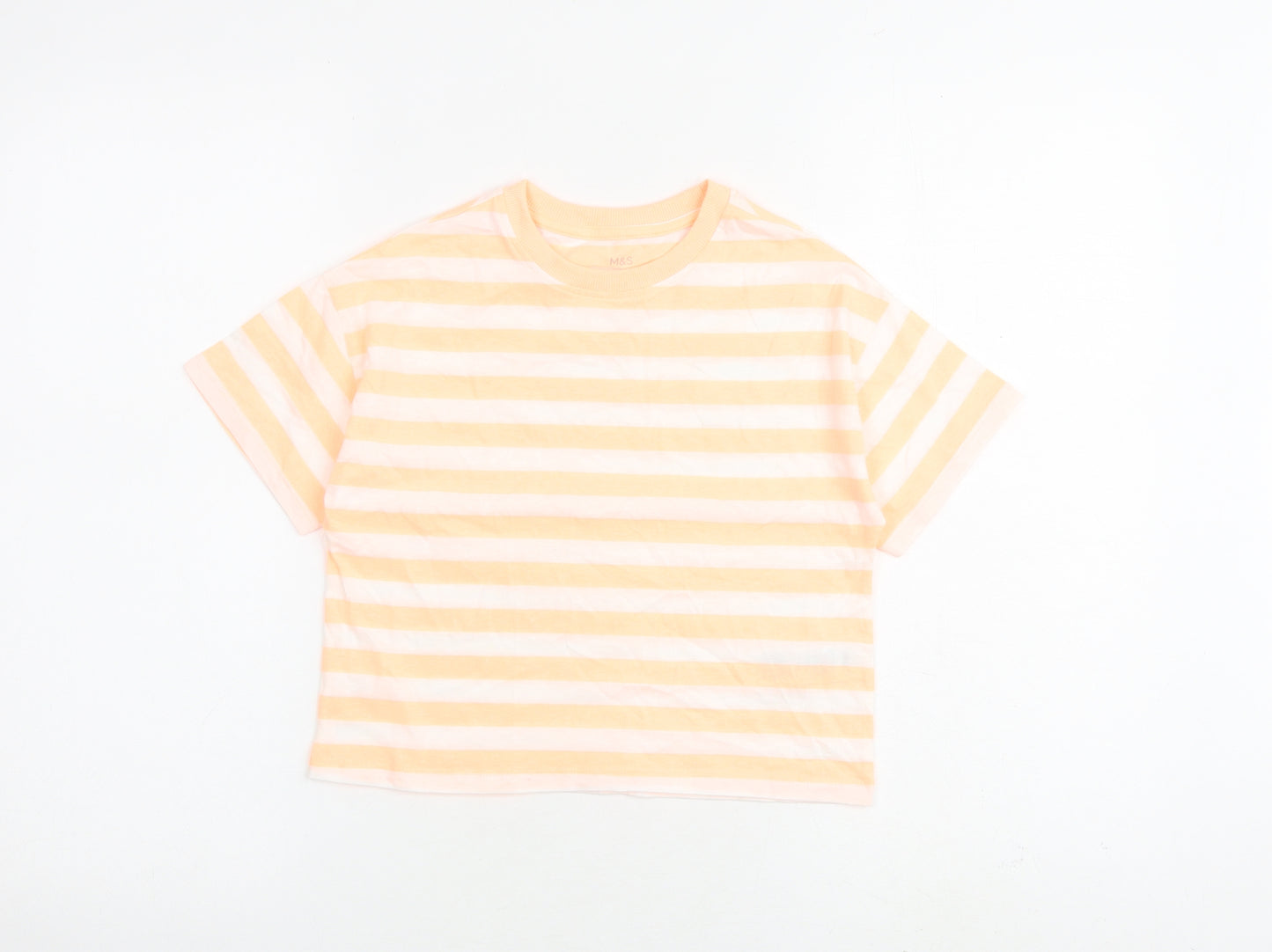Marks and Spencer Girls Orange Striped Cotton Basic T-Shirt Size 7-8 Years Round Neck Pullover