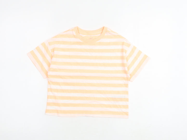 Marks and Spencer Girls Orange Striped Cotton Basic T-Shirt Size 7-8 Years Round Neck Pullover