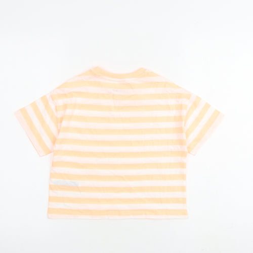 Marks and Spencer Girls Orange Striped Cotton Basic T-Shirt Size 7-8 Years Round Neck Pullover